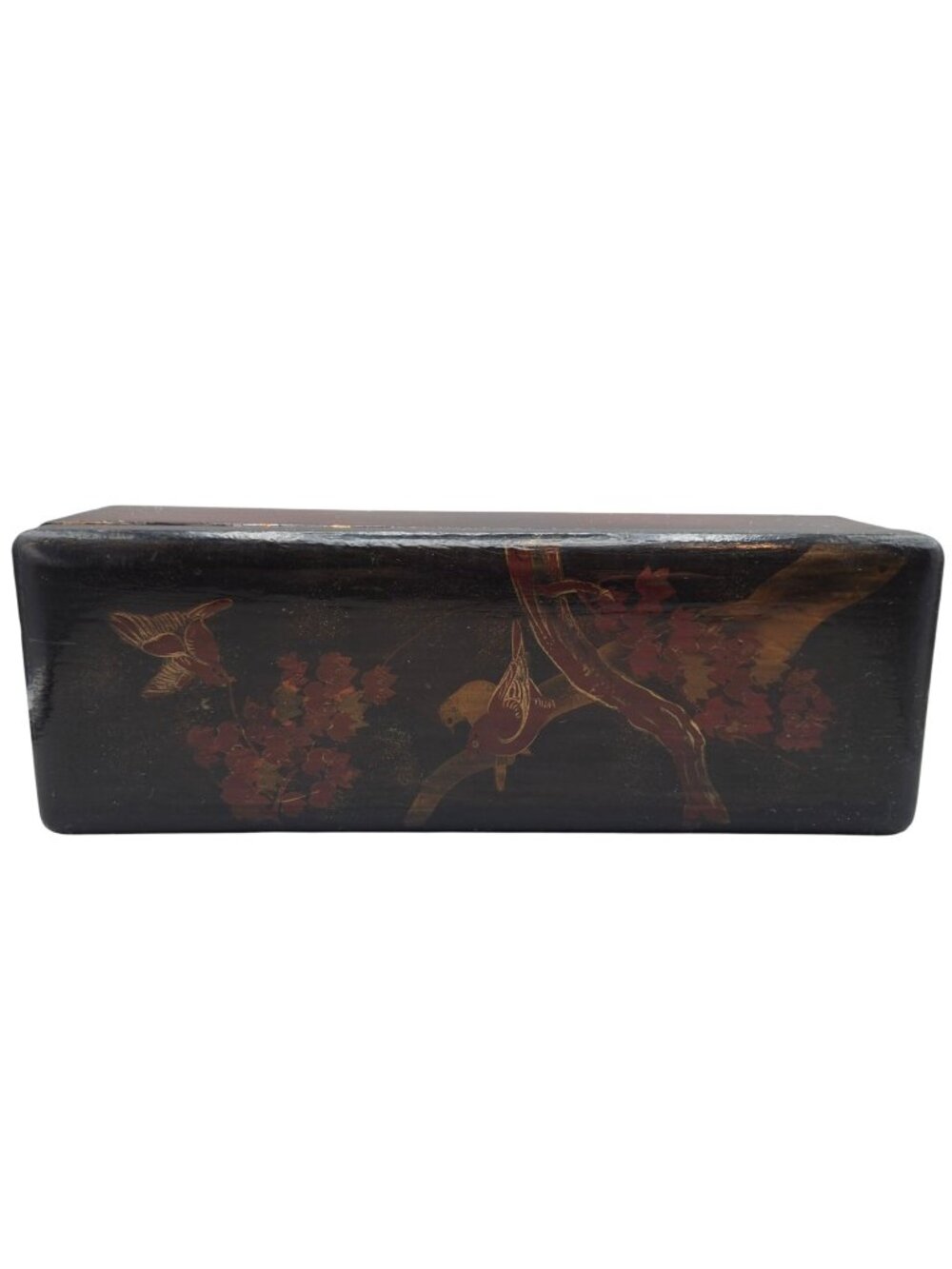Vintage Japanese Lacquer Glove Box Hand Painted Bird Floral Wooden Document Case